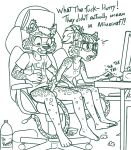  anthro balls beverage bluetooth bottomless clothed clothing computer cryptokids cy_(cryptokids) cybertwins cyndi_(cryptokids) dialogue duo erection eyewear felid female genitals glasses hi_res leopard male male/female mammal meme minecraft mutual_masturbation nsa pantherine penis redout soda teenager video_games young 
