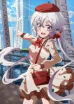  1girl :d bag beret bow bowtie breasts brown_dress dress grey_hair hair_between_eyes handbag hat highres keeemu_(gouf2016) long_hair looking_at_viewer medium_breasts pointing purple_eyes red_bag red_bow red_bowtie red_hat senki_zesshou_symphogear smile solo twintails very_long_hair wind yukine_chris 