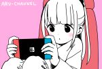  1girl bangs blunt_bangs blush chair character_name closed_mouth commentary_request dot_nose english_text gaming_chair hair_ornament hair_scrunchie handheld_game_console highres hitoribocchi_no_marumaru_seikatsu holding holding_handheld_game_console honshou_aru katsuwo_(cr66g) long_hair long_sleeves nintendo_switch on_chair partially_colored pink_background playing_games scrunchie sidelocks simple_background sitting solo 