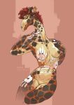  anthro bodypaint breasts brown_body brown_fur ear_piercing female front_view fur genitals giraffe giraffid hair hi_res long_hair mammal markings nipples nude piercing pussy red_hair simple_background skitalets solo spots spotted_body spotted_fur 