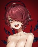  1girl :d ahoge arknights breasts broken_halo brown_eyes cleavage collarbone completely_nude detached_wings empty_eyes energy_wings exusiai_(arknights) hair_over_one_eye halo large_breasts looking_at_viewer mwomwomwo nude open_mouth out-of-frame_censoring red_background red_hair short_hair simple_background smile solo teeth upper_body upper_teeth_only wings 
