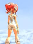  1girl agent_8_(splatoon) ass bare_shoulders bodysuit feet_out_of_frame from_behind highres kneepits koharu2.5 legs_apart long_hair looking_back octoling octoling_girl octoling_player_character orange_eyes red_hair solo splatoon_(series) splatoon_3 splatoon_3:_side_order standing suction_cups tentacle_hair white_bodysuit zipper 