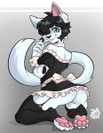 absurd_res anthro clothed clothing domestic_cat felid feline felis female hi_res jomaro_(artist) kneeling kyzzer legwear maid_uniform mammal paws rear_view solo stirrup_stockings uniform