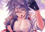  1girl breasts choker glasses gloves hand_on_own_hip jacket kson large_breasts looking_at_viewer mole mole_under_eye n_gyou open_mouth ponytail purple_eyes purple_hair sarashi sleeves_rolled_up solo souchou upper_body virtual_youtuber vshojo 