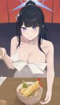  1girl absurdres bare_shoulders black_hair blue_archive blue_eyes blue_halo blunt_bangs bowl breasts choker chopsticks cleavage closed_mouth collarbone commentary_request dress eating halo hand_up highres holding holding_chopsticks large_breasts long_hair looking_at_viewer official_alternate_costume ponytail ruha_(ruha12haru) saori_(blue_archive) saori_(dress)_(blue_archive) solo strapless strapless_dress white_choker white_dress 
