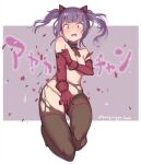  1girl alice_gear_aegis covering covering_breasts exploding_clothes gloves ichijou_ayaka konigstigerchan open_mouthw pantyhose purple_hair red_eyes solo tears twintails twitter_username wavy_mouth 