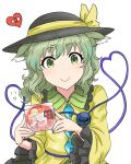  1girl :&gt; animal_ears bangs black_headwear blouse bow closed_mouth commentary_request dog_ears ebisu_eika eyeball eyebrows_visible_through_hair frilled_shirt_collar frills goto_tsukasa green_eyes green_hair green_skirt hat hat_bow heart heart_of_string holding_cd komeiji_koishi looking_at_viewer medium_hair simple_background skirt smile solo third_eye touhou upper_body wavy_hair white_background wily_beast_and_weakest_creature yellow_blouse yellow_bow 