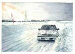  2others ambiguous_gender border car driving helmet motor_vehicle multiple_others original outdoors painting_(medium) power_lines race_vehicle racecar rally_car scenery shin_osawa snow subaru_(brand) subaru_legacy traditional_media vehicle_focus watercolor_(medium) white_border white_car white_helmet 