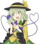  1girl :d bangs black_headwear blouse blush bow commentary_request eyebrows_visible_through_hair frills goto_tsukasa green_eyes green_skirt hair_between_eyes hands_up happy hat hat_bow heart heart_of_string holding holding_phone komeiji_koishi light_green_hair long_sleeves looking_to_the_side medium_hair open_mouth phone simple_background skirt smile solo touhou upper_body wavy_hair white_background wide_sleeves yellow_blouse yellow_bow 
