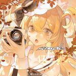 1girl absurdres armlet autumn_leaves bare_shoulders black_bow blonde_hair bow bowtie brown_bow brown_bowtie camera chinese_commentary commentary_request cup day eyelashes gugu_(mirukai) hair_bow highres holding holding_camera light_blush long_hair open_mouth orange_eyes original outdoors sailor_collar sample_watermark solo sparkle tea teacup upper_body watermark weibo_watermark white_sailor_collar white_wrist_cuffs wrist_cuffs 