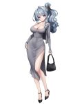  1girl :d ankkoyom bag black_footwear blush breasts closed_mouth collarbone covered_navel cropped_jacket dongtan_dress dress eversoul full_body full_moon grey_dress grey_eyes grey_hair grey_jacket hand_on_own_hip handbag high_heels highres jacket large_breasts long_hair long_sleeves meme_attire moon off_shoulder open_clothes open_jacket parted_lips pelvic_curtain side_ponytail simple_background single_bare_shoulder smile standing white_background white_dress 