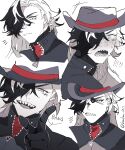  !? 1boy artist_name bang_(gesture) black_hair black_jacket blush boothill_(honkai:_star_rail) clenched_teeth closed_mouth commentary cowboy_hat embarrassed english_text expressions fang finger_gun frown grey_hat hair_over_one_eye hat highres honkai:_star_rail honkai_(series) jacket kon_(konkon_1011) long_hair looking_at_viewer male_focus mole mole_under_eye multicolored_hair multiple_moles multiple_views nose_blush notice_lines open_mouth paper_texture partially_colored pointing pointing_at_viewer sharp_teeth simple_background skin_fang smile split-color_hair sweat tearing_up tears teeth twitter_username two-tone_hair upper_body v-shaped_eyebrows white_hair wide-eyed zipper_pull_tab 