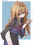  ... 1girl 2049_(hh5566) aisaka_taiga black_kimono blue_background blue_sash blush border brown_eyes brown_hair commentary_request hair_between_eyes japanese_clothes kimono korean_commentary long_hair long_sleeves looking_at_viewer obi outside_border sash simple_background solo toradora! v white_border wide_sleeves 