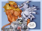 abs anthro bandai_namco biceps censored creative_censorship digimon digimon_(species) english_text eyewear group hi_res hug leomon male male/male metaletemon muscular muscular_anthro muscular_male nipples pecs shtarfish sunglasses text trio weregarurumon