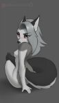  anthro askart breasts canid canine canis female fur grey_background grey_body grey_fur grey_hair hair helluva_boss hi_res long_hair looking_at_viewer looking_back loona_(vivzmind) mammal nipples nude rear_view red_sclera simple_background sitting small_breasts solo tail_around_waist wolf yellow_eyes 