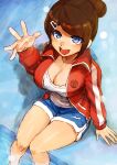  1girl :d arm_support asahina_aoi bangs blue_eyes blue_shorts breasts brown_hair cleavage danganronpa:_trigger_happy_havoc danganronpa_(series) eyebrows_visible_through_hair feet_out_of_frame from_above hair_ornament hairclip hand_up jacket large_breasts long_sleeves open_clothes open_jacket open_mouth shirt shorts sitting smile solo track_jacket tsunemi_aosa upper_teeth 
