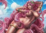  1girl aphrodite_(hades) armband breasts curvy dandon_fuga flower hades_(game) hair_censor hair_flower hair_ornament heart_hair jewelry large_breasts looking_at_viewer navel nude parted_lips pink_eyes pink_hair ring smile solo wide_hips 