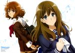  2girls absurdres bag blue_eyes blue_sailor_collar blue_serafuku blue_shirt blue_skirt brown_eyes brown_hair brown_serafuku brown_shirt brown_skirt hair_between_eyes hibike!_euphonium highres hikita_aya kitauji_high_school_uniform kuroe_mayu long_hair long_sleeves looking_at_viewer magazine_scan multiple_girls musical_note newtype official_art open_mouth oumae_kumiko sailor_collar scan school_bag school_uniform serafuku shirt short_hair sidelocks simple_background skirt standing white_background white_sailor_collar 