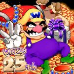  1boy anniversary cleft_chin coin facial_hair gift gloves gold_coin gold_necklace green_footwear grin hat holding holding_gift hoshi_(star-name2000) jewelry mustache necklace one_eye_closed overalls pointy_ears purple_overalls sack smile thick_eyebrows treasure treasure_chest wario wario_land white_gloves yellow_hat 