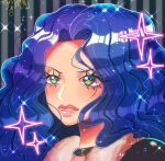  1girl blue_hair close-up curly_hair eyelashes eyeshadow green_eyes long_hair looking_to_the_side makeup one_piece paula_(one_piece) solo sparkle washiko 