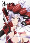  1girl breasts cleavage gloves grey_hair gun headgear holding holding_gun holding_weapon keeemu_(gouf2016) long_hair looking_at_viewer medium_breasts one_eye_closed parted_lips purple_eyes red_gloves senki_zesshou_symphogear solo symphogear_pendant twintails weapon white_background yukine_chris 