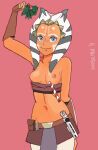  ahsoka_tano arm_behind_back arm_up artist_name bare_shoulders blue_eyes breasts breasts_out brown_gloves candy candy_cane closed_mouth collarbone colored_skin cowboy_shot elbow_gloves energy_sword fingerless_gloves food gloves groin highres holding holding_mistletoe lekku_(anatomy) lightsaber lips midriff mistletoe navel nipples orange_skin perky_breasts pink_background simple_background small_breasts smile sooperman standing star_wars star_wars:_the_clone_wars strapless sword togruta tube_top weapon 