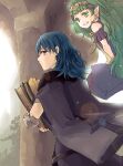  2girls armor black_cape blue_hair book byleth_(female)_(fire_emblem) byleth_(fire_emblem) cape closed_mouth commentary_request fire_emblem fire_emblem:_three_houses floating green_eyes green_hair grin holding holding_book long_hair looking_at_viewer multiple_girls pointy_ears profile purple_eyes robaco smile sothis_(fire_emblem) teeth twintails 
