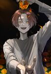  1boy akebisousaku arm_up brown_hair curtained_hair flower highres holding holding_flower long_sleeves looking_at_viewer male_focus open_mouth original petals short_hair smile solo tongue upper_body v yellow_eyes 
