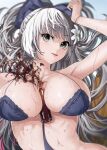  1girl :p arm_up azur_lane bangs bare_shoulders between_breasts bikini blue_bow blurry bottle bow breasts character_request closed_mouth commentary_request depth_of_field eruption eyebrows_visible_through_hair flower flower_request green_eyes hair_bow hair_flower hair_ornament large_breasts light_blush long_hair looking_at_viewer ootani_nonno simple_background solo spilling swimsuit tongue tongue_out upper_body very_long_hair vittorio_veneto_(azur_lane) wet 