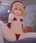  1girl :d alternate_costume bangs bikini box breasts commentary_request crystal detached_sleeves feet_out_of_frame flandre_scarlet fur-trimmed_headwear fur_trim gift gift_box hair_between_eyes hat highres indoors looking_at_viewer miyo_(ranthath) night open_mouth pom_pom_(clothes) red_bikini red_eyes santa_hat short_hair side_ponytail sitting small_breasts smile snowing solo spread_legs swimsuit thighhighs touhou white_legwear wings 