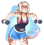  abstract_background baggy_clothing bottomwear chest_tuft clothing dumbbell exercise exercise_clothing felid female flat_chested hi_res lifting luxarman mammal pancake_(character) pantherine shirt shorts signed straining tank_top tiger topwear tuft weights 