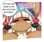 anthro big_breasts blush breasts brown_body brown_fur clothed clothing comic digital_media_(artwork) english_text female fur hair hi_res lagomorph leporid made_in_abyss mammal nanachi narehate neo_geppetto overweight overweight_female rabbit simple_background slightly_chubby smile solo text white_hair yellow_eyes