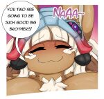  anthro big_breasts blush breasts brown_body brown_fur clothed clothing comic digital_media_(artwork) english_text female fur hair hi_res lagomorph leporid made_in_abyss mammal nanachi narehate neo_geppetto overweight overweight_female rabbit simple_background slightly_chubby smile solo text white_hair yellow_eyes 