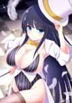  1girl areola_slip betterthanbone2 black_hair black_leotard black_thighhighs blue_eyes blush bow bowtie breasts cleavage closed_mouth covered_navel falling_feathers feathers groin hat hat_tip hime_cut holding holding_wand huge_breasts ikaruga_(senran_kagura) leotard light_particles long_hair looking_at_viewer magician senran_kagura sidelocks skindentation smile solo sparkle striped_clothes striped_leotard thighhighs tile_floor tiles top_hat vertical-striped_clothes vertical-striped_leotard very_long_hair waistcoat wand white_feathers white_hat yellow_bow yellow_bowtie 