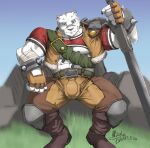  2021 abs anthro barazoku belt biceps big_pecs boots bottomwear bulge clothed clothing felid footwear fur grass grey_body grey_fur grey_nose grimoire_of_zero hi_res holding_object holding_weapon inkart_flow looking_at_viewer male mammal manly melee_weapon mercenary_(character) multicolored_body multicolored_fur muscular muscular_anthro muscular_male outside pantherine pants pecs plant presenting_bulge rock round_ears shirt sitting sky smile solo spread_legs spreading sword thick_thighs tiger topwear triceps vest weapon white_body white_fur 