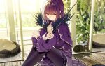 1girl atha_(leejuiping) black_pantyhose cat dress fate/grand_order fate_(series) feather_trim highres holding holding_wand long_hair long_sleeves pantyhose purple_dress purple_hair red_eyes scathach_(fate) scathach_skadi_(fate) sitting solo tiara wand 