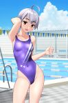  1girl absurdres ahoge blue_sky breasts clothes_writing cloud commentary_request competition_swimsuit contrapposto covered_navel day grey_hair highleg highleg_swimsuit highres lane_line one-piece_swimsuit original outdoors pool pool_ladder poolside purple_one-piece_swimsuit red_eyes short_hair sky small_breasts smile solo string_of_flags swimsuit takafumi tomboy variant_set 