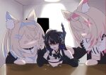  3girls animal_ear_fluff animal_ears asymmetrical_horns bare_shoulders black_hair blank_room_soup blonde_hair blue_eyes blue_hair colored_inner_hair commentary demon_horns dog_ears dog_girl english_commentary favoritevoidpixel food fur_trim fuwawa_abyssgard fuwawa_abyssgard_(1st_costume) hair_ornament hairpin highres hololive hololive_english horns jacket ladle long_hair mococo_abyssgard mococo_abyssgard_(1st_costume) mole mole_under_eye multicolored_hair multiple_girls nerissa_ravencroft nerissa_ravencroft_(1st_costume) pink_hair red_eyes siblings sisters soup streaked_hair table twins uneven_horns virtual_youtuber x_hair_ornament 