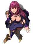  1girl black_bodysuit black_cape bodysuit boots breasts cape charm_(object) choker cleavage cleavage_cutout clothing_cutout commentary_request fire_emblem fire_emblem_engage hair_ornament highres holding holding_charm jewelry key large_breasts lips long_hair looking_at_viewer looking_up pink_choker pink_lips red_eyes red_hair ring shadow simple_background sitting solo star_(symbol) tongue tongue_out tsuko_(25mnts) wavy_hair white_background yellow_footwear yunaka_(fire_emblem) 
