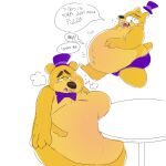  3_fingers 5_fingers animatronic anthro belly big_belly bloated blush bodily_fluids bow_tie burping clothing cross-eyed dialogue eyebrows fingers five_nights_at_freddy&#039;s five_nights_at_freddy&#039;s_4 fredbear_(fnaf) fur furniture hat headgear headwear hi_res machine male male_pred mammal muffled multicolored_body multicolored_fur oral_vore overweight overweight_anthro overweight_male purple_clothing purple_hat purple_headwear purple_underwear robot rumbling_stomach simple_background solo speech_bubble sweat swollen table technocaster teeth tired tongue top_hat two_tone_body two_tone_fur underwear ursid video_games vore white_background yellow_body yellow_fur 