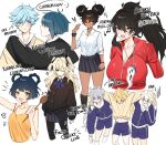  4girls 5boys aether_(genshin_impact) alternate_costume alternate_universe arrow_(symbol) artist_name bangs beidou_(genshin_impact) bennett_(genshin_impact) black_hair blonde_hair blue_eyes blue_hair blush bracelet braid breasts chenyaas chongyun_(genshin_impact) collared_shirt dark_skin dark_skinned_female double_bun english_text eyebrows_visible_through_hair eyes_visible_through_hair fischl_(genshin_impact) genshin_impact green_eyes hair_between_eyes hair_over_one_eye heart highres hug jacket jewelry large_breasts long_sleeves looking_at_viewer multicolored_hair multiple_boys multiple_girls musical_note nail_polish open_mouth ponytail purple_neckwear razor_(genshin_impact) red_eyes school_uniform shirt shorts skirt smile spiked_bracelet spikes spoon streaked_hair whistle whistle_around_neck white_background wooden_spoon xiangling_(genshin_impact) xingqiu_(genshin_impact) xinyan_(genshin_impact) yellow_eyes 