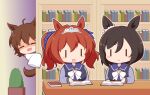  3girls :d agnes_tachyon_(umamusume) animal_ears black_hair black_shirt blush_stickers book bookshelf bow breasts brown_hair chibi closed_eyes closed_mouth daiwa_scarlet_(umamusume) eishin_flash_(umamusume) gomashio_(goma_feet) hair_between_eyes hair_intakes horse_ears horse_girl horse_tail lab_coat long_sleeves medium_breasts multiple_girls open_book peeking_out school_uniform shaded_face shirt sleeves_past_fingers sleeves_past_wrists smile tail tiara tracen_school_uniform twintails umamusume white_bow |_| 