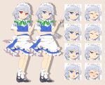  4rion absurdres apron back_bow black_footwear blue_dress blue_eyes bobby_socks bow braid breasts closed_eyes closed_mouth commentary_request dress expressions frilled_apron frilled_dress frills green_bow green_ribbon grey_background grey_hair hair_bow highres holding holding_knife holding_pocket_watch izayoi_sakuya knife mary_janes medium_hair neck_ribbon open_mouth pocket_watch puffy_short_sleeves puffy_sleeves red_eyes ribbon shirt shoes short_dress short_sleeves simple_background small_breasts socks standing tachi-e touhou twin_braids undershirt waist_apron watch white_apron white_bow white_shirt white_socks 