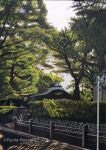  architecture artist_name colored_pencil_(medium) commentary_request day east_asian_architecture hayashi_ryouta hedge_(plant) no_humans original outdoors road road_sign scenery sign traditional_media tree watermark 