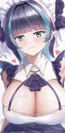  1girl :3 absurdres azur_lane bangs blue_hair blue_ribbon blunt_bangs breasts cheshire_(azur_lane) cleavage cleavage_cutout closed_mouth clothing_cutout commentary_request dress earrings eyebrows_visible_through_hair eyelashes heart highres jewelry large_breasts light_blush looking_at_viewer maid_headdress multicolored_hair revision ribbon shenqi_(toid310) shiny shiny_hair short_hair sidelocks simple_background smile solo two-tone_hair upper_body wet 
