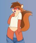  anthro blue_background blush bodily_fluids clothed clothing dripping female flat_chested genital_fluids genitals hi_res looking_at_viewer mammal panties pants_down partially_clothed pencil_bolt pussy pussy_juice pussy_juice_drip red_beans_(pencil_bolt) rodent sciurid simple_background solo tomboy tongue tongue_out underwear 