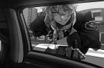  +_+ 1boy 3000zialg bishounen bright_pupils car_interior city commentary earrings gloves greyscale grin half_gloves hand_on_own_hip highres jacket jewelry looking_at_viewer male_focus monochrome neckerchief original police police_badge police_uniform pov short_hair smile solo symbol-only_commentary uniform upper_body window 