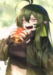  1girl :d antenna_hair arknights bangs black_gloves black_shirt breasts burger crop_top crossed_bangs eating fingerless_gloves food gavial_(arknights) gavial_(combat_medic)_(arknights) gloves green_hair green_jacket hair_between_eyes highres holding holding_food jacket long_hair long_sleeves looking_at_food medium_breasts midriff navel open_clothes open_jacket open_mouth ozeu0916 pointy_ears sharp_teeth shirt smile solo stomach symbol_commentary teeth yellow_eyes 