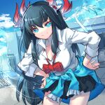  1girl black_hair blue_eyes bow breasts clothes_around_waist dragon_girl dragon_horns dragon_tail gin_tonic_(p&amp;d) highres horns jacket jacket_around_waist kuuron_(moesann17) large_breasts long_hair pleated_skirt puzzle_&amp;_dragons rooftop school_uniform shirt_tucked_in skirt smile solo tail 