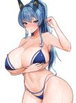  1girl arm_under_breasts bikini blue_bikini blue_bow blue_eyes blue_hair blush bow braid breasts cleavage closed_mouth collarbone commentary_request curvy goddess_of_victory:_nikke hair_between_eyes hair_ornament helm_(nikke) highres large_breasts long_hair looking_at_viewer navel sayashi_(type5_labyrith) sidelocks simple_background solo steam sweat swimsuit very_long_hair white_background 